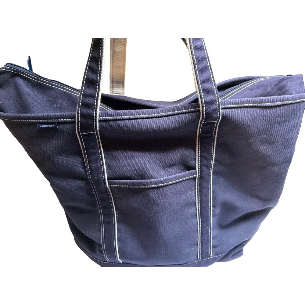 Lands End Cotton Boat Bag Tote XL Beach Travel Navy-White Straps Yoga Vintage